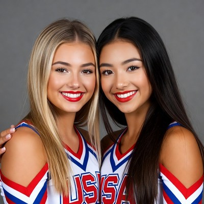 Two smiling girls in USA cheerleader uniforms
