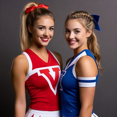 Two smiling cheerleaders in red and blue uniforms