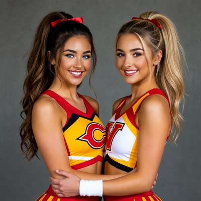 Two cheerleaders in red CV uniforms
