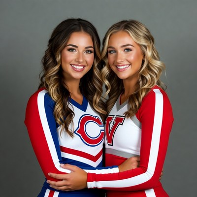 Two smiling cheerleaders hugging in uniforms