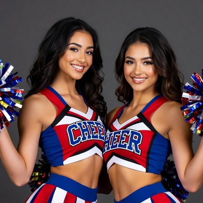 Two Latina cheerleaders with pom poms