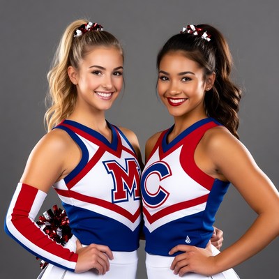 Two smiling cheerleaders in MC uniforms