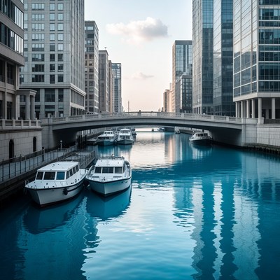 Bridge over canal with boats and skyscrapers