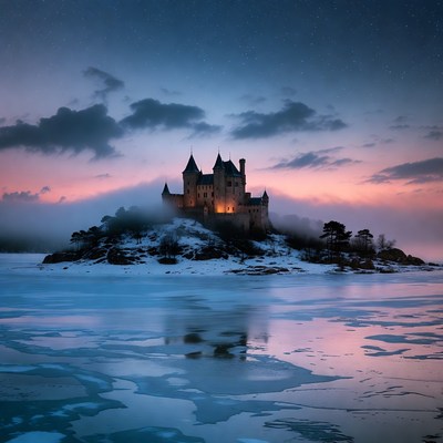 Castle on Snowy Island at Dusk