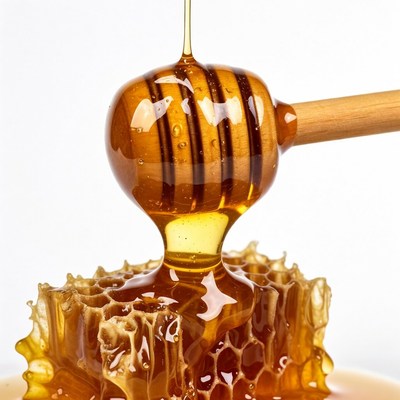 Honey dripping from wooden dipper