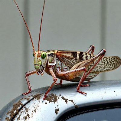 Grasshopper on car hood