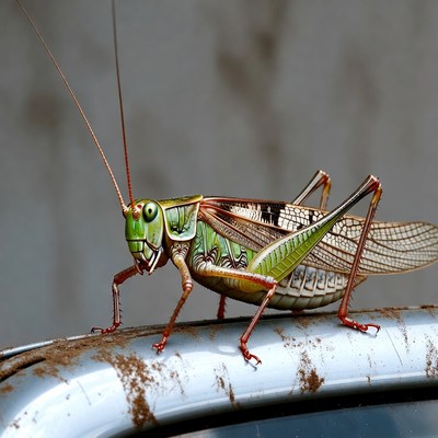 Green grasshopper on rusty car