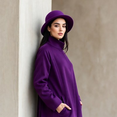 Woman in Purple Coat and Hat Leaning on Wall
