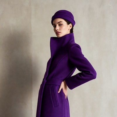 Woman in purple coat and hat