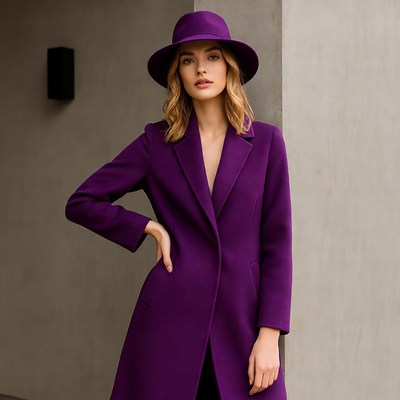 Woman in purple hat and coat