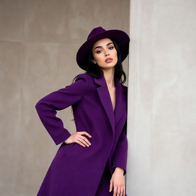 Woman in purple coat and hat