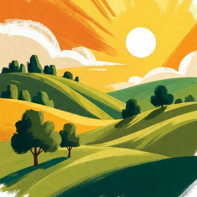 Vibrant Sunset Over Green Hills