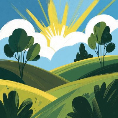 Bright Sun Over Green Rolling Hills