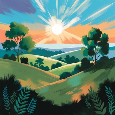 Vibrant Sunset Over Rolling Green Hills