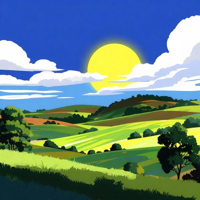 Bright Sun Over Colorful Rolling Hills