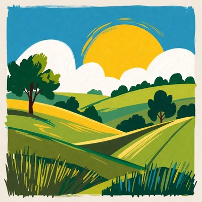 Vibrant illustration of sunset over green hills