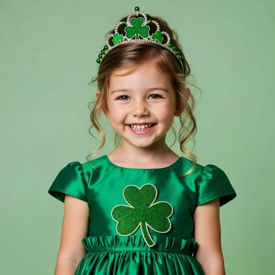 Girl wearing shamrock crown and dress