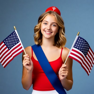 Girl holding American flags with sash