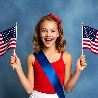 Girl holding American flags with sash