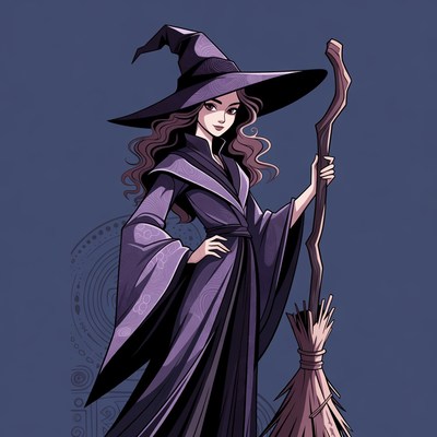 Anime Witch with Broom and Staff