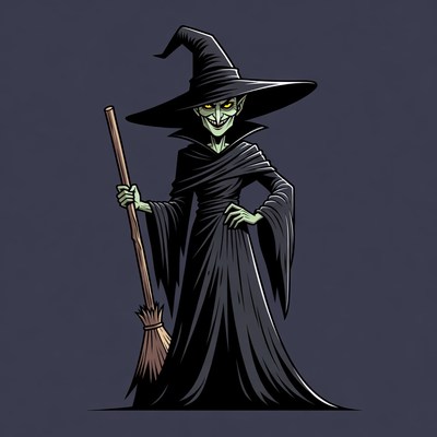 Cartoon Witch Holding Broom