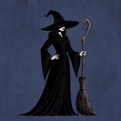 Witch holding broom and staff