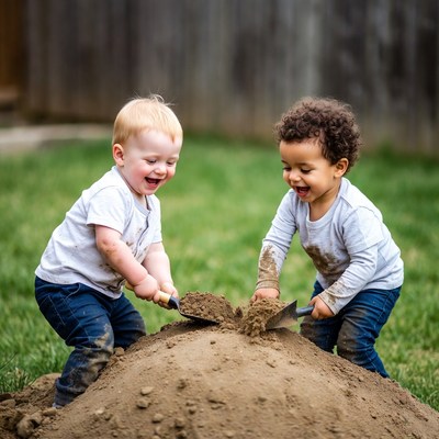 Two toddlers digging dirt with shovels