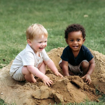 Two toddlers playing in sand pile