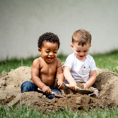 Two boys playing in sand pile