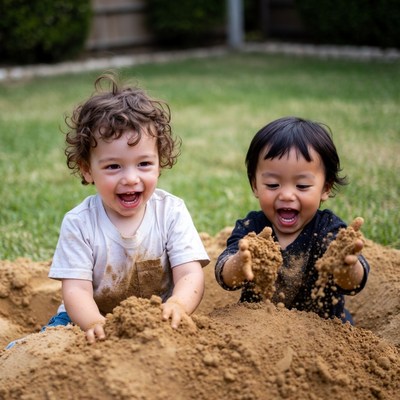 Two boys playing in backyard sand