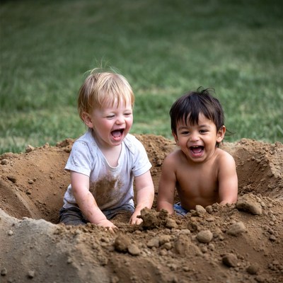 Two toddlers laughing in sand pit