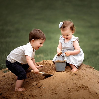 Boy and girl playing in sand pile