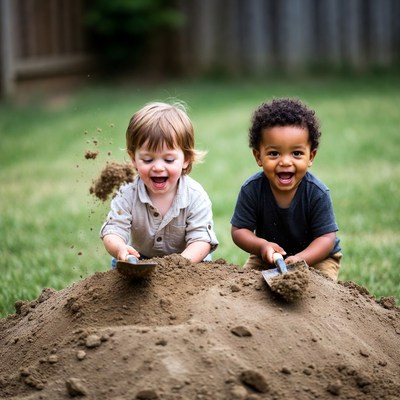Two boys playing with dirt pile