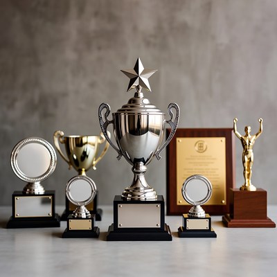 Shiny Trophies and Awards on Gray Background