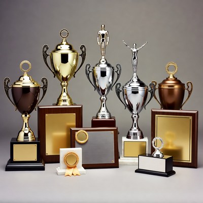 Assortment of Gold Silver Bronze Trophies