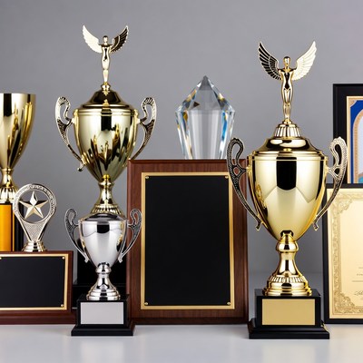 Assortment of Gold Trophies and Awards