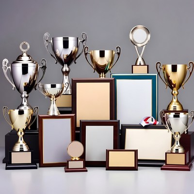 Trophies and Awards on Gray Background