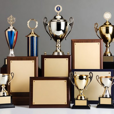 Assortment of Gold Silver Trophies Plaques