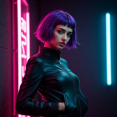 Woman with purple bob haircut neon lights