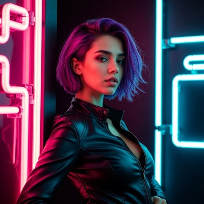 Woman with purple hair neon lights