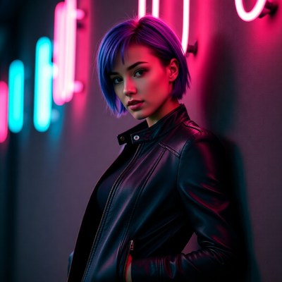 Woman with purple hair neon lights