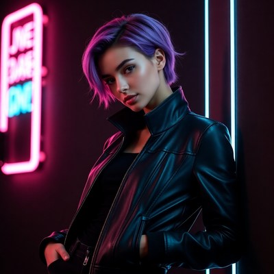 Purple-haired woman in leather jacket neon sign