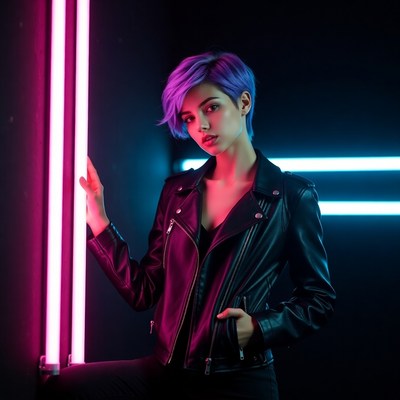 Woman with purple hair in neon lights