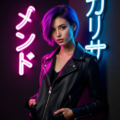 Woman with purple hair by neon signs