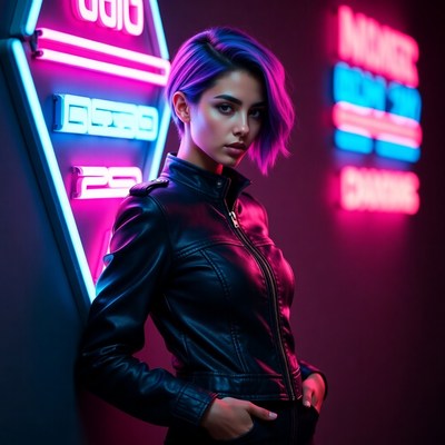 Woman with purple hair by neon signs