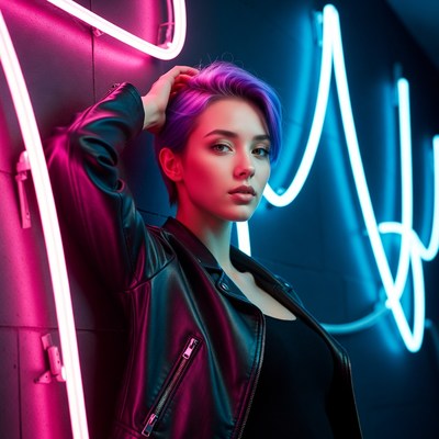 Woman with purple hair neon lights