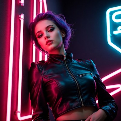 Woman with purple hair by neon lights
