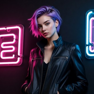 Woman with purple hair in neon lights