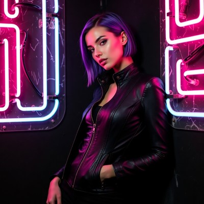Woman with purple hair neon lights