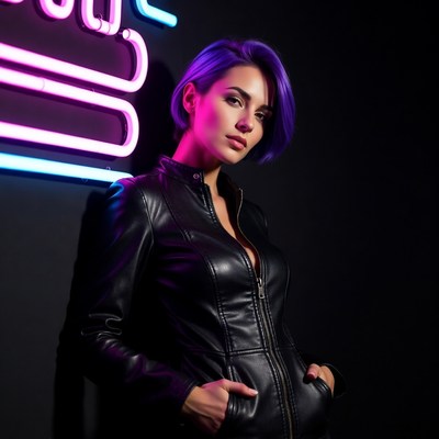 Woman in purple hair with neon burger sign